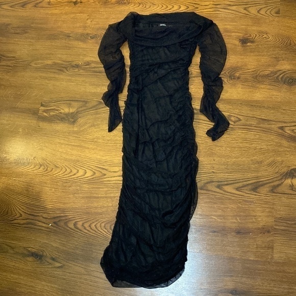🌷 Boohoo🌷 Black Long Sheer Lace Sleeve Overlay Off Shoulder Dress - Picture 8 of 10
